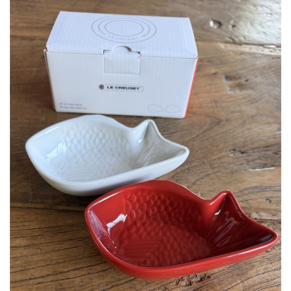 Le Creuset Set of 2 Red Snapper Mini Dishes Bowls Cerise Cherry Red White NEW